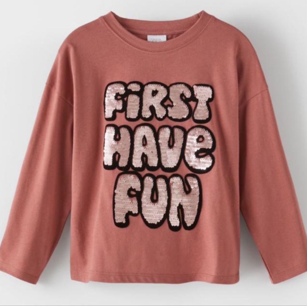 3/$20 Zara Long Sleeve Top Girls Size 11 12 Pink Flip Sequin Graphic Tshirt